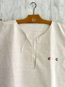 PRIMITIVE French heavy ECRU LINEN nightshirt MD mono CUT c1850