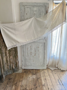 Antique French LONG MANTELPIECE COVER curtain embroidered LINEN lace trim c1900