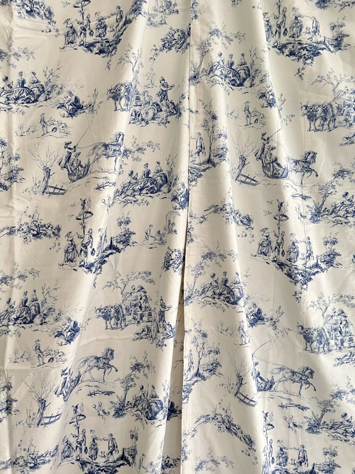 PAIR vintage French blue TOILE DE JOUY cotton PASTORAL CURTAINS BACKED c1950