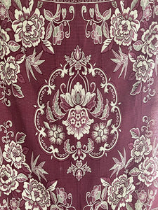 Vintage French FLORAL BURGUNDY BOTEH DAMASK wool BEDSPREAD fringes c1930