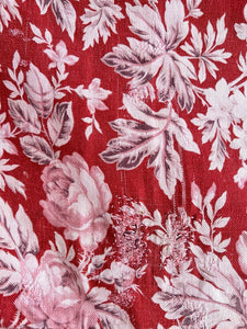 Antique French LARGE red pink FLORAL panel CURTAIN mended c1880