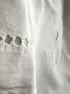 Antique French TROUSSEAU floppy LINEN FIL sheet LACE JC mono c1880