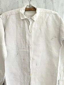 Rare antique French SHORT man front bib WORK WEAR COTTON pintucks SHIRT  c1880