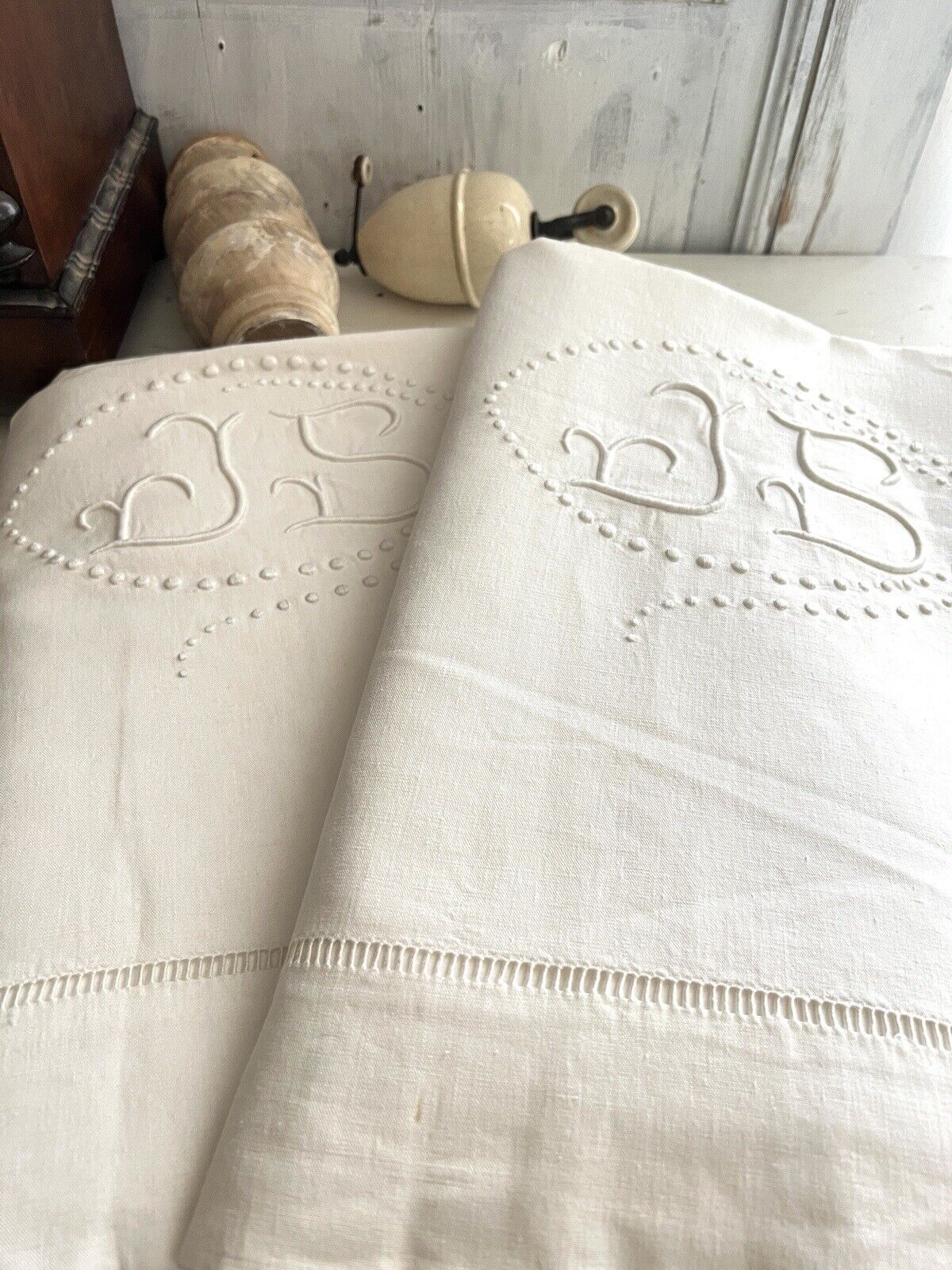 PAIR antique French large DOWRY LINEN COTTON sheets OPENWORKS JS mono c1920