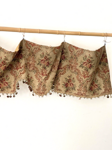 Antique French PAIR floral DAMASK VALANCE braid POMPOMS roses DECOR padded c1850