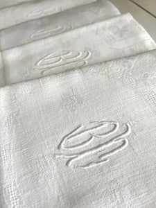 COMPLETE SET 12 Art Deco French DAMASK LINEN NAPKINS openworks BC mono c1930