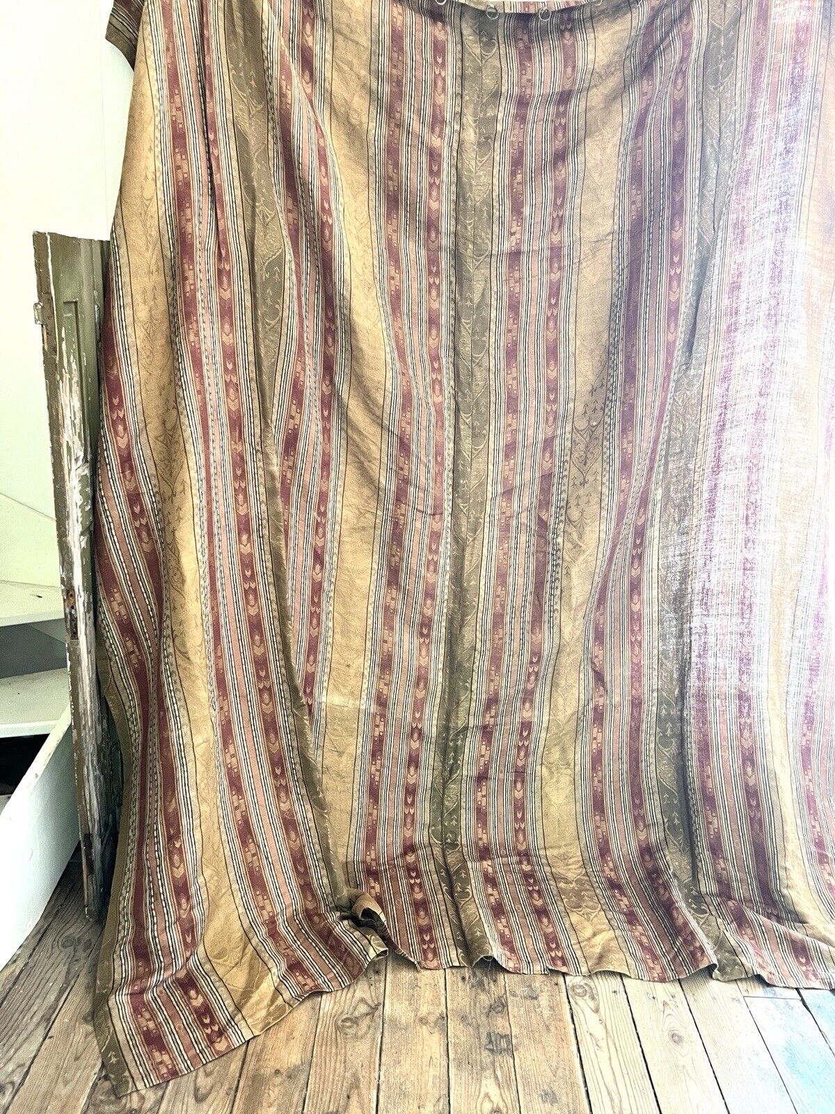 LARGE antique French DAMASK SILK Empire style striped FLEUR DE LYS curtain c1920