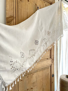 Antique French LONG linen embroidered VALANCE MANTELPIECE eyelet FRINGES c1900