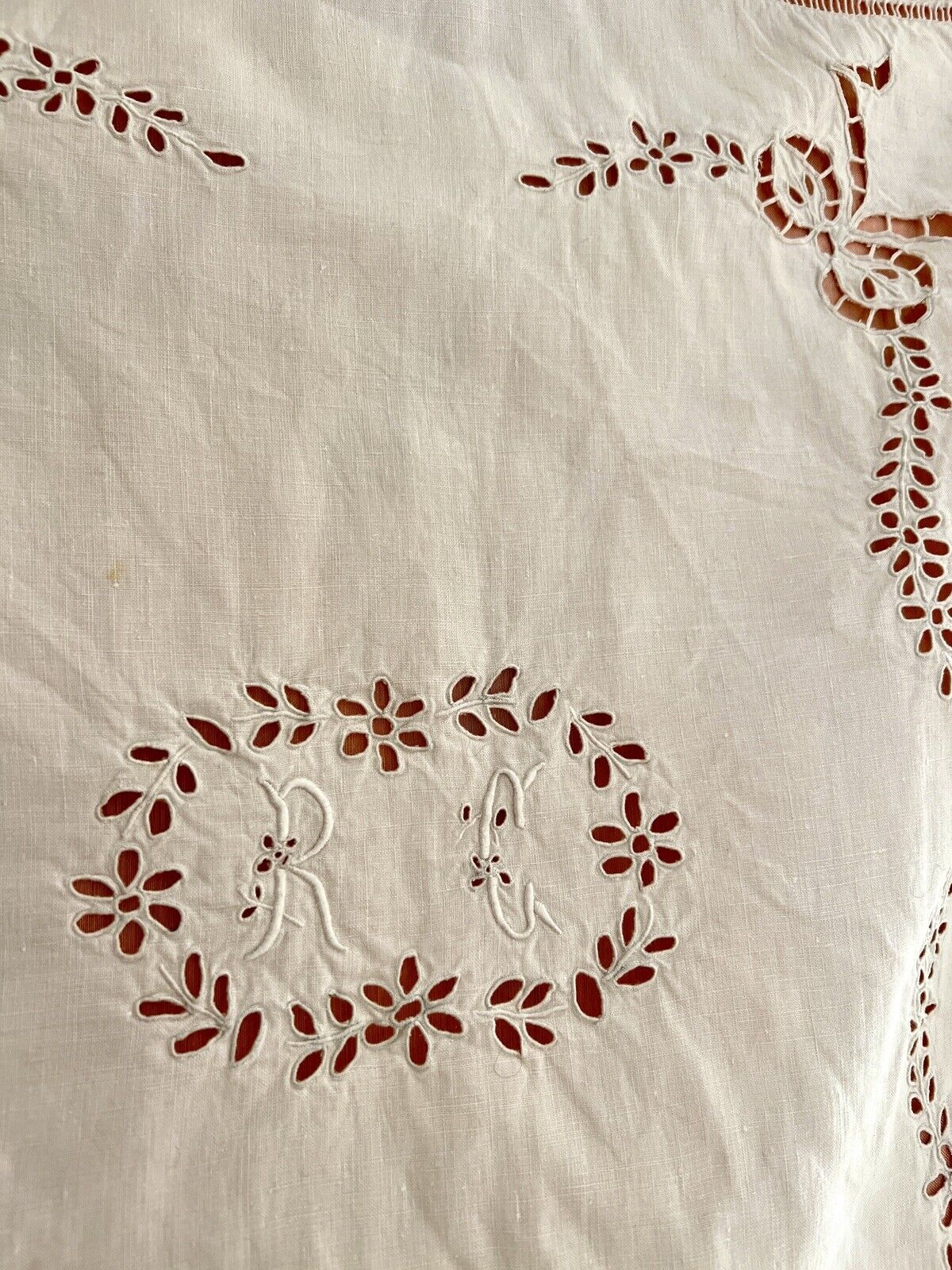 Antique French pink EMBROIDERED eyelet linen PILLOW SHAM FESTONS RC mono c1920