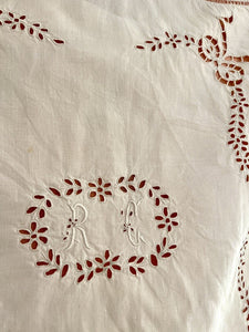 Antique French pink EMBROIDERED eyelet linen PILLOW SHAM FESTONS RC mono c1920