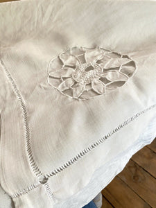 Vintage French RICHELIEU EMBROIDERIES LINEN coffee TABLECLOTH c1930