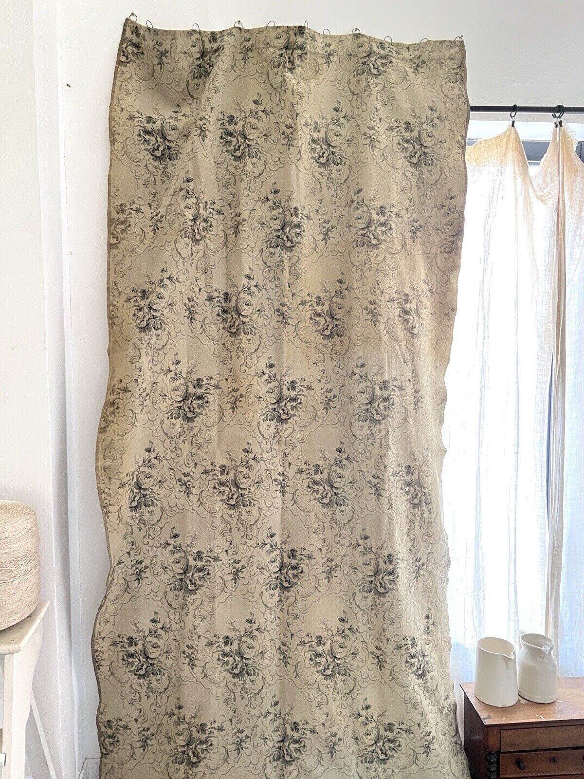 Antique French long DAMASK cotton FLORAL GREY beige CURTAIN drape c1910