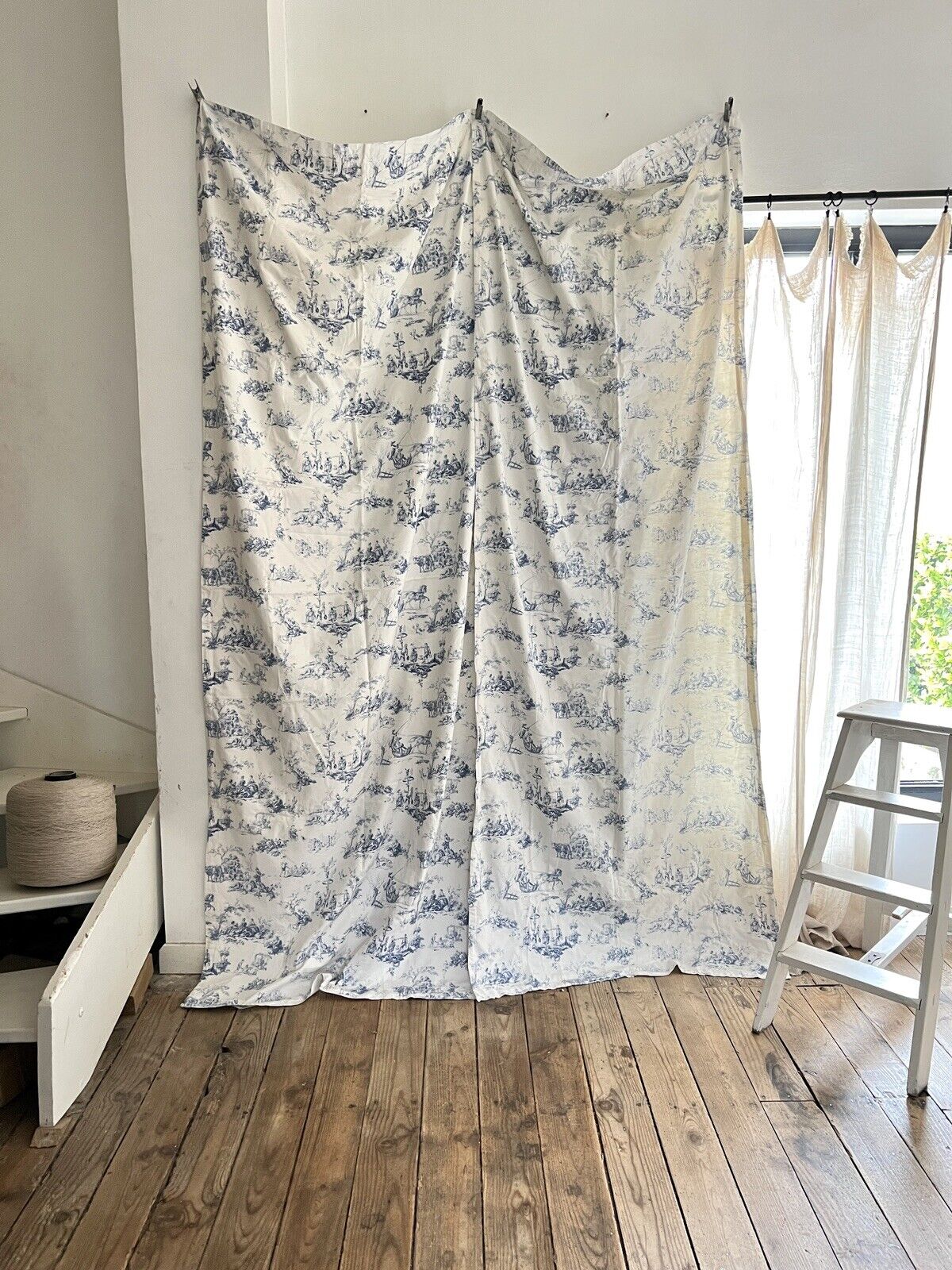 PAIR vintage French blue TOILE DE JOUY cotton PASTORAL CURTAINS BACKED c1950