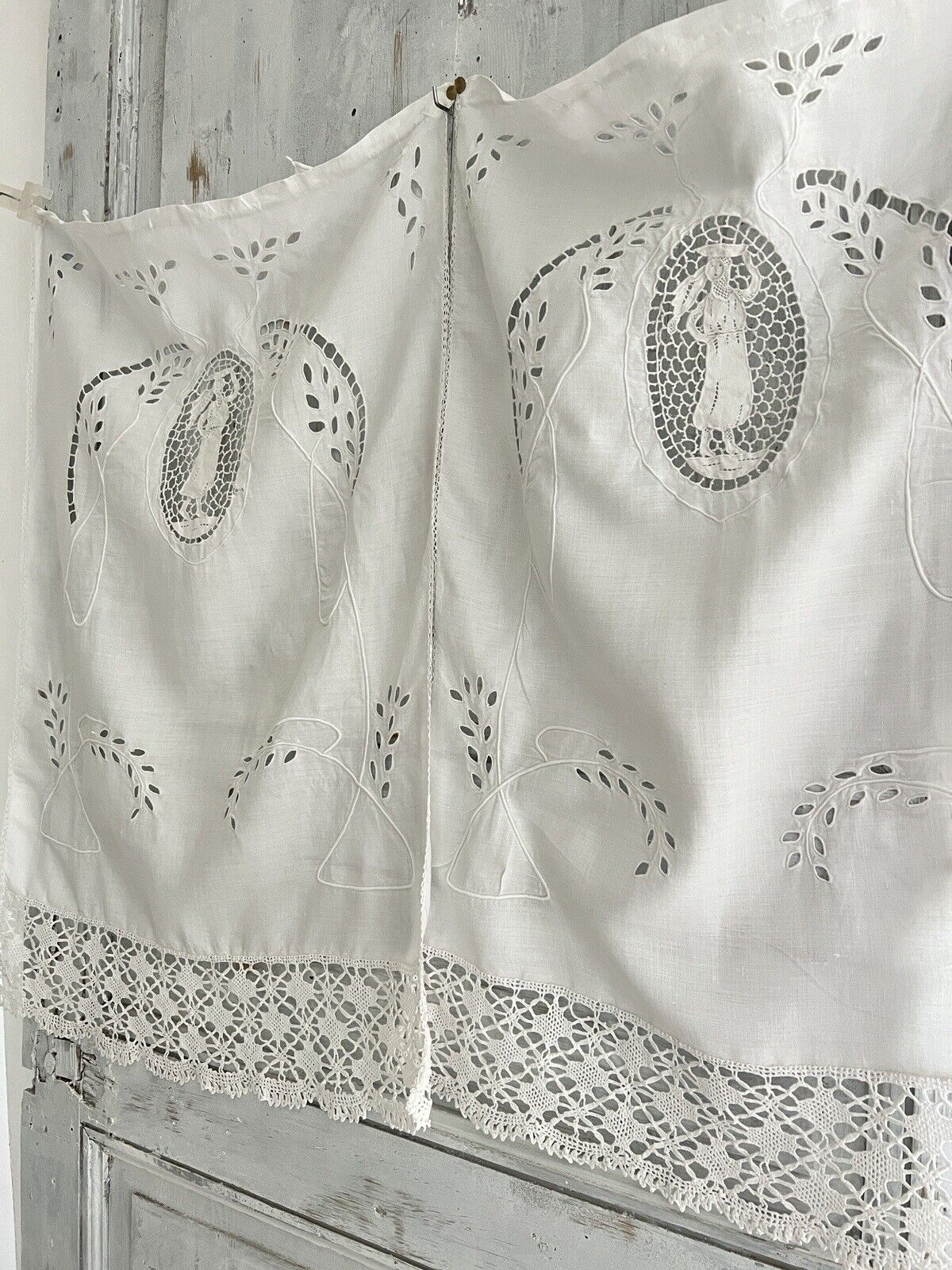 PAIR Art Nouveau French LINEN FILET LACE  trim curtain BRISE BISE eyelet c1920