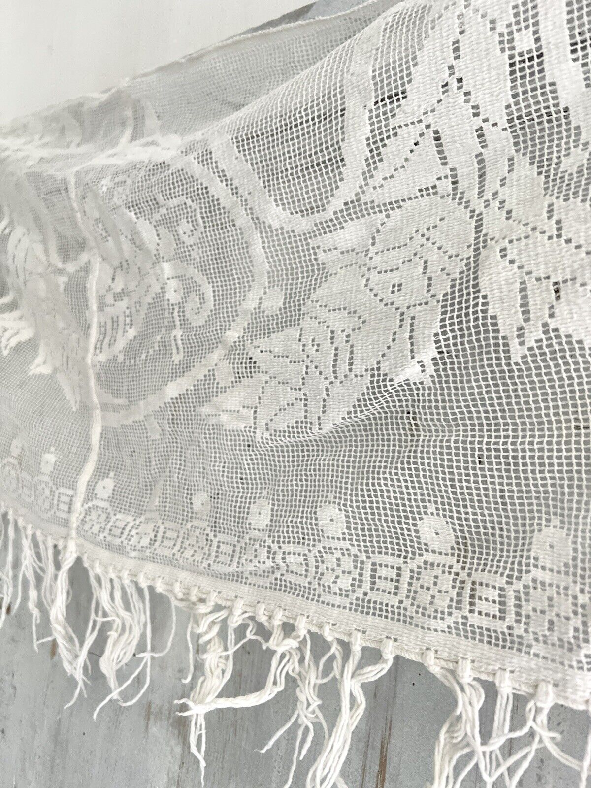 Vintage French floral MANTELPIECE COVER curtain cotton FILET LACE FRINGES c1930