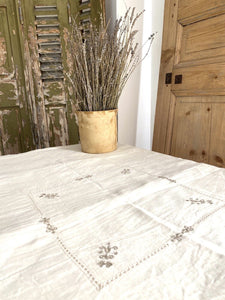 Vintage French EMBROIDERED LINEN coffee TABLECLOTH c1950