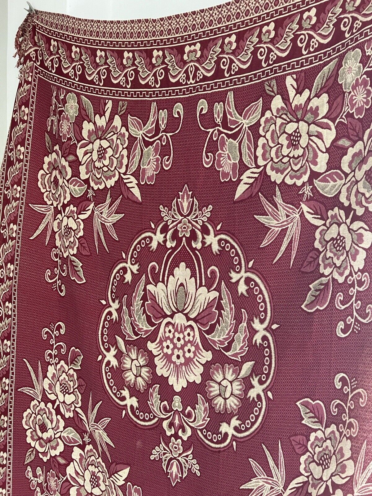 Vintage French FLORAL BURGUNDY BOTEH DAMASK wool BEDSPREAD fringes c1930