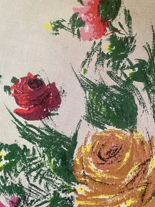 Vintage French FLORAL cotton PANEL large scale ROSES bouquets UPHOLSTERY c1950