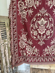 Vintage French FLORAL BURGUNDY BOTEH DAMASK wool BEDSPREAD fringes c1930