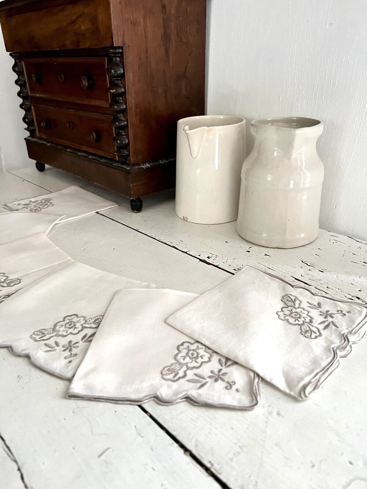 SET 6 vintage French LINEN TEA NAPKINS  gray FLORAL embroideries c1950