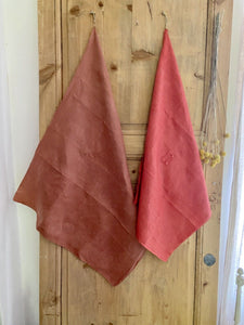 2 antique French RED FRUIT DYED linen TEA TOWELS 1900