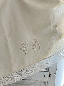 Antique French LONG MANTELPIECE COVER curtain embroidered LINEN lace trim c1900