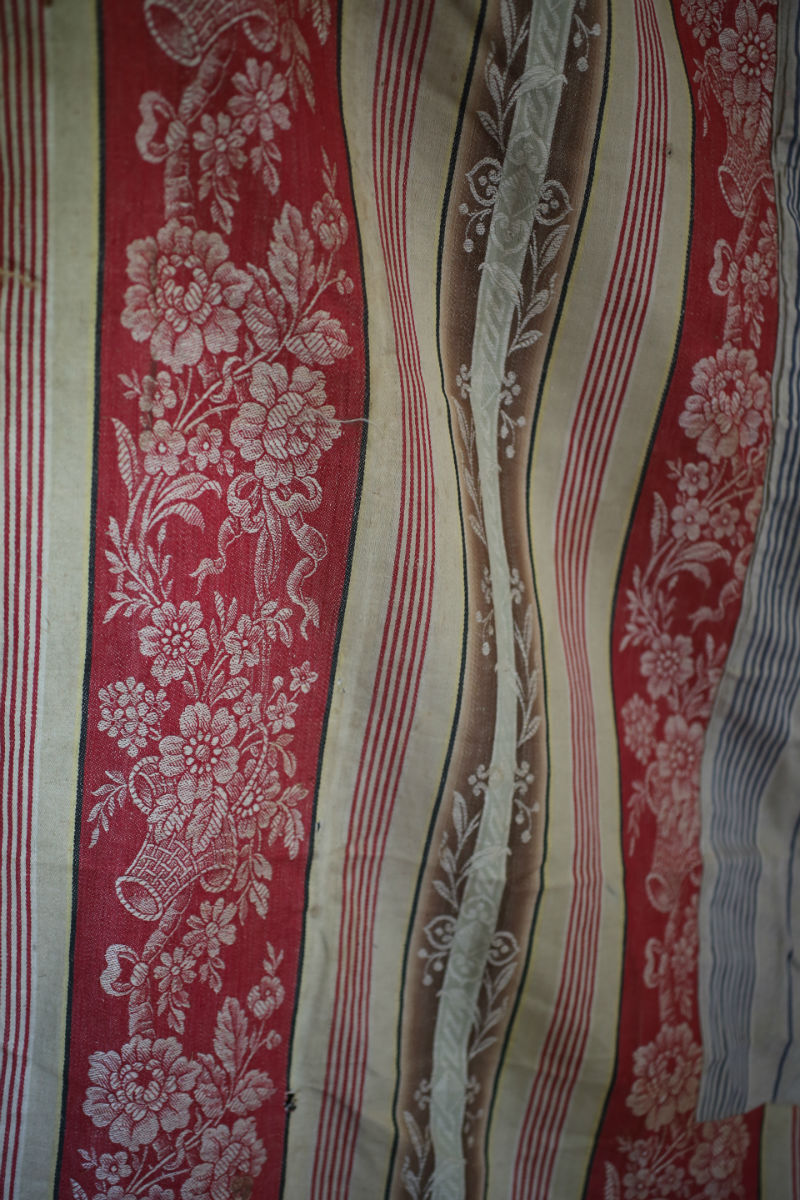 RARE Napoleon III French TICKING cotton PATCHED red cramoisi FLORAL c1850