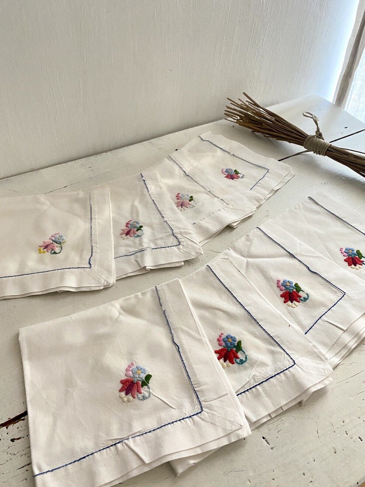 Set 8 vintage French cotton TEA NAPKINS FLORAL embroideries shabby chic c1950