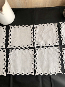 8 vintage French LINEN TEA NAPKINS doily mats OPENWORKS c1930