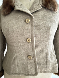 Vintage French woman beige wool spencer JACKET MINK FUR collar c1950