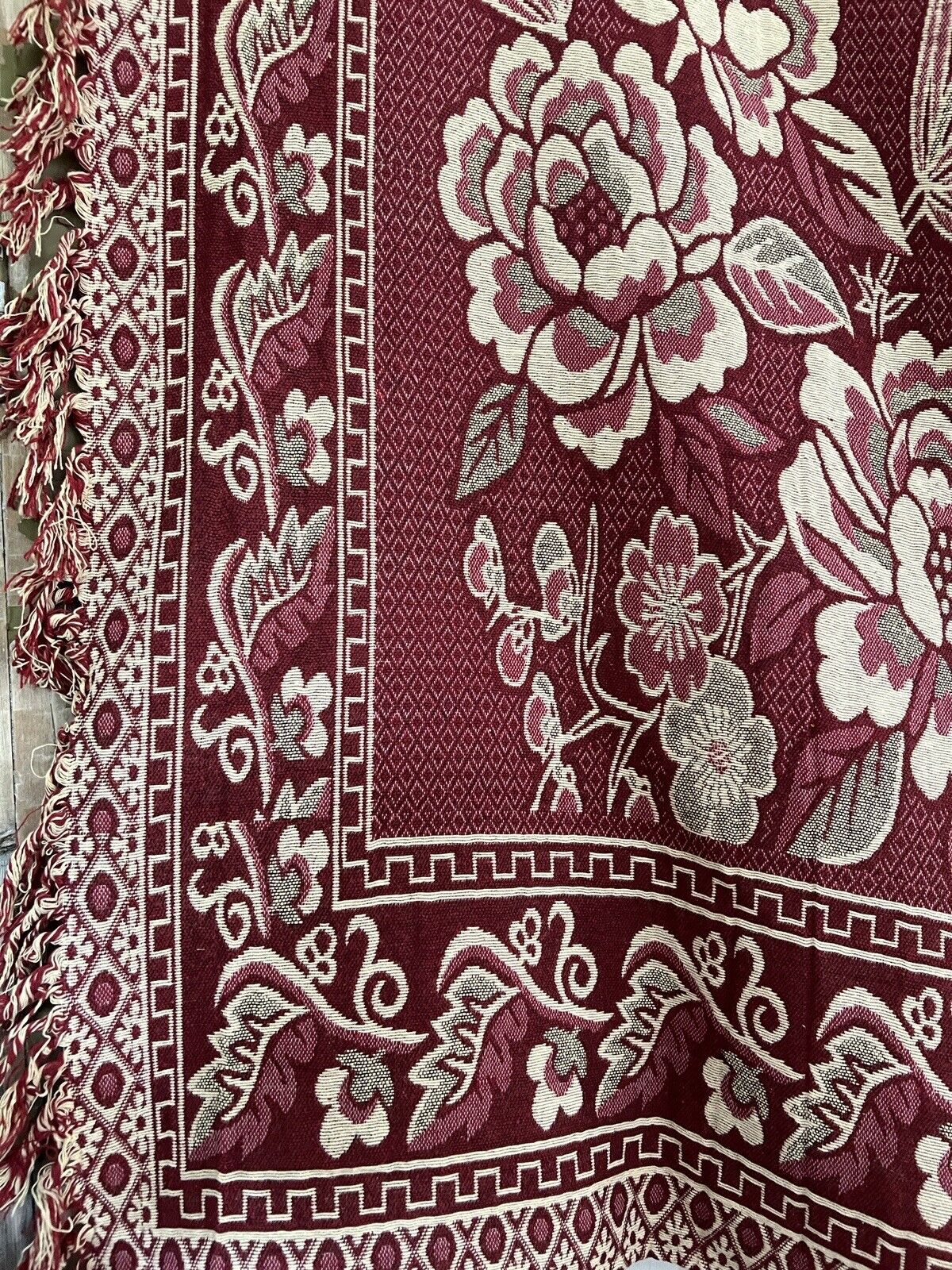 Vintage French FLORAL BURGUNDY BOTEH DAMASK wool BEDSPREAD fringes c1930