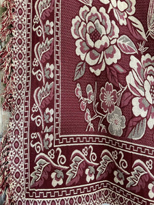 Vintage French FLORAL BURGUNDY BOTEH DAMASK wool BEDSPREAD fringes c1930