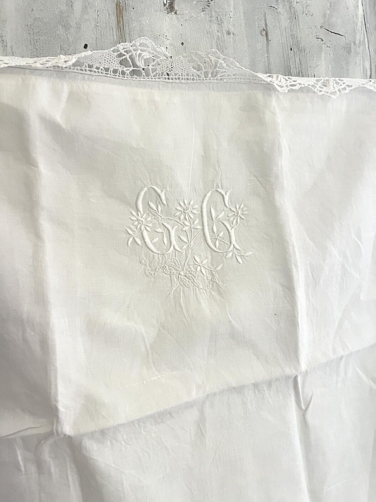 Antique French EMBROIDERED linen  FIL PILLOW SHAM lace TRIM CC mono c1900