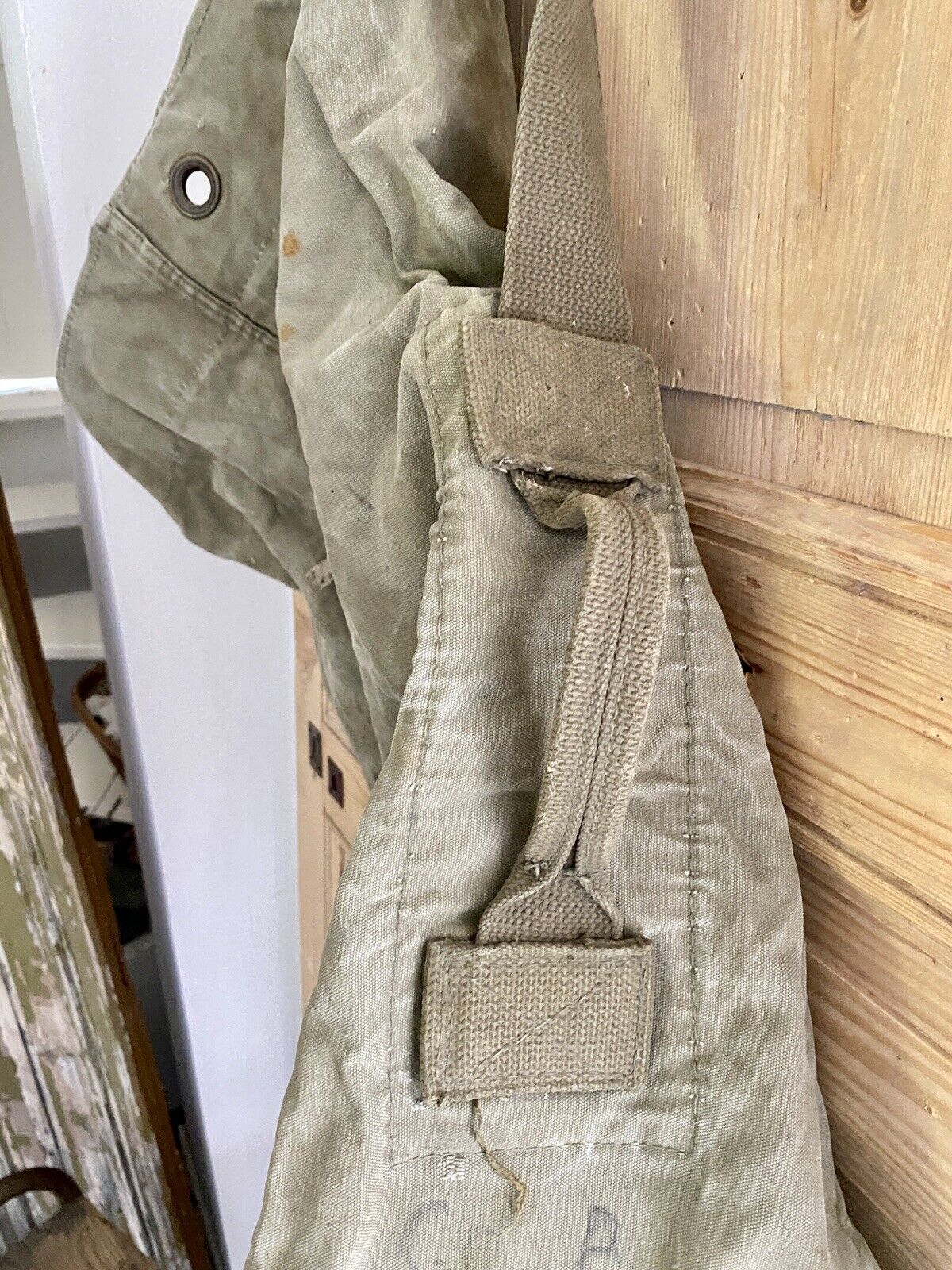 Vintage French heavy KHAKI MOLESKINE MILITARY BAG c1950