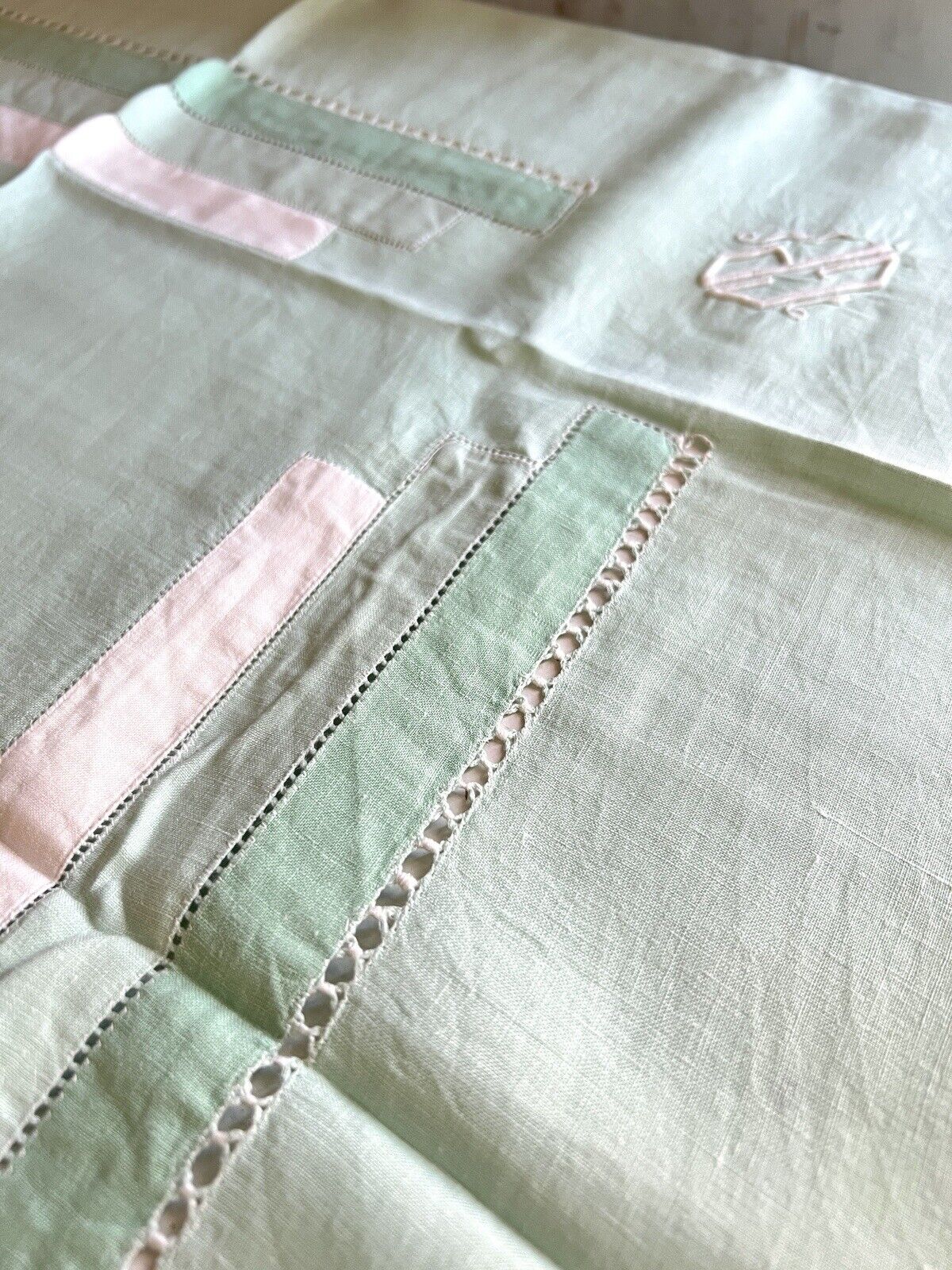 Art Deco SET French FIL OF LINEN TABLECLOTH 11 NAPKINS pale green GP m c1930