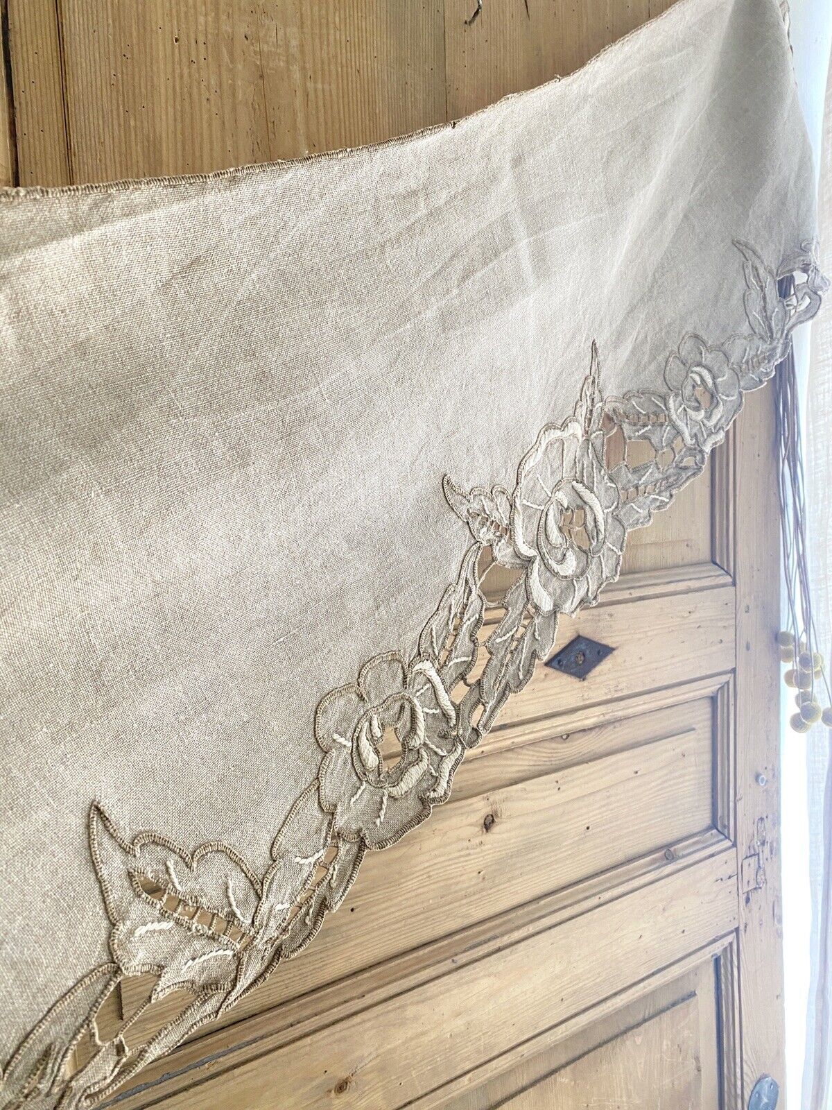 Vintage French two tones MANTELPIECE COVER embroidered NATURAL LINEN c1930