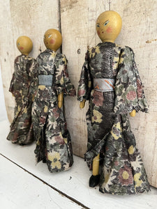 Art Deco French 3 PROMOTIONAL wood Japanese DOLLS silk traditionnal outfit c1930