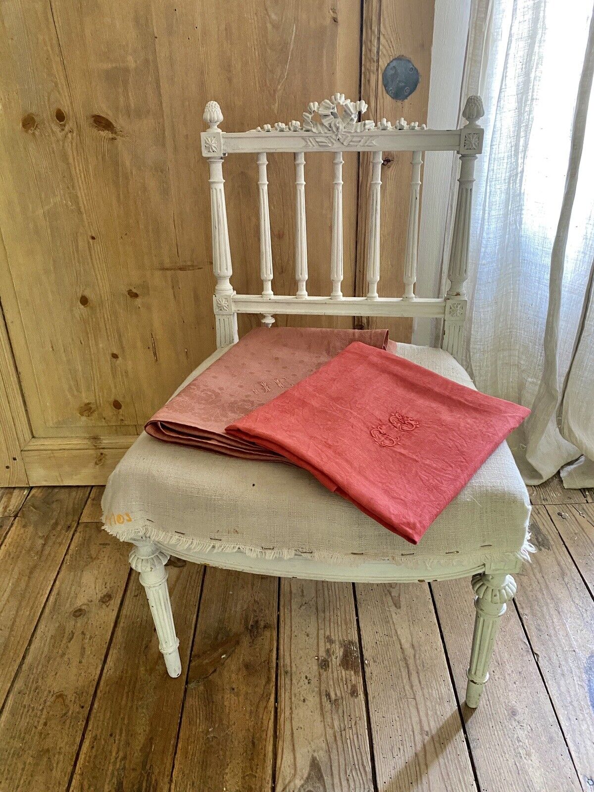 2 antique French RED FRUIT DYED linen TEA TOWELS 1900