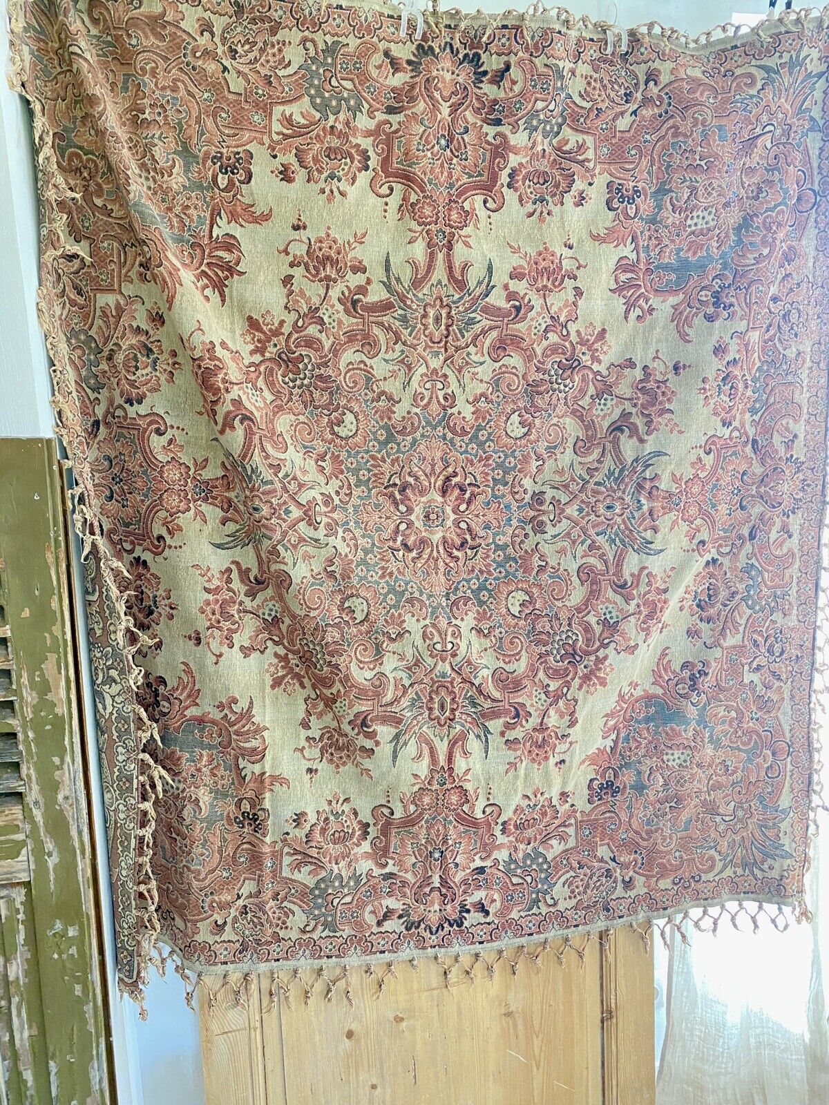 Antique French PALE PINK BLUE PAISLEY boteh TAPESTRY indiennes FRINGES c1930