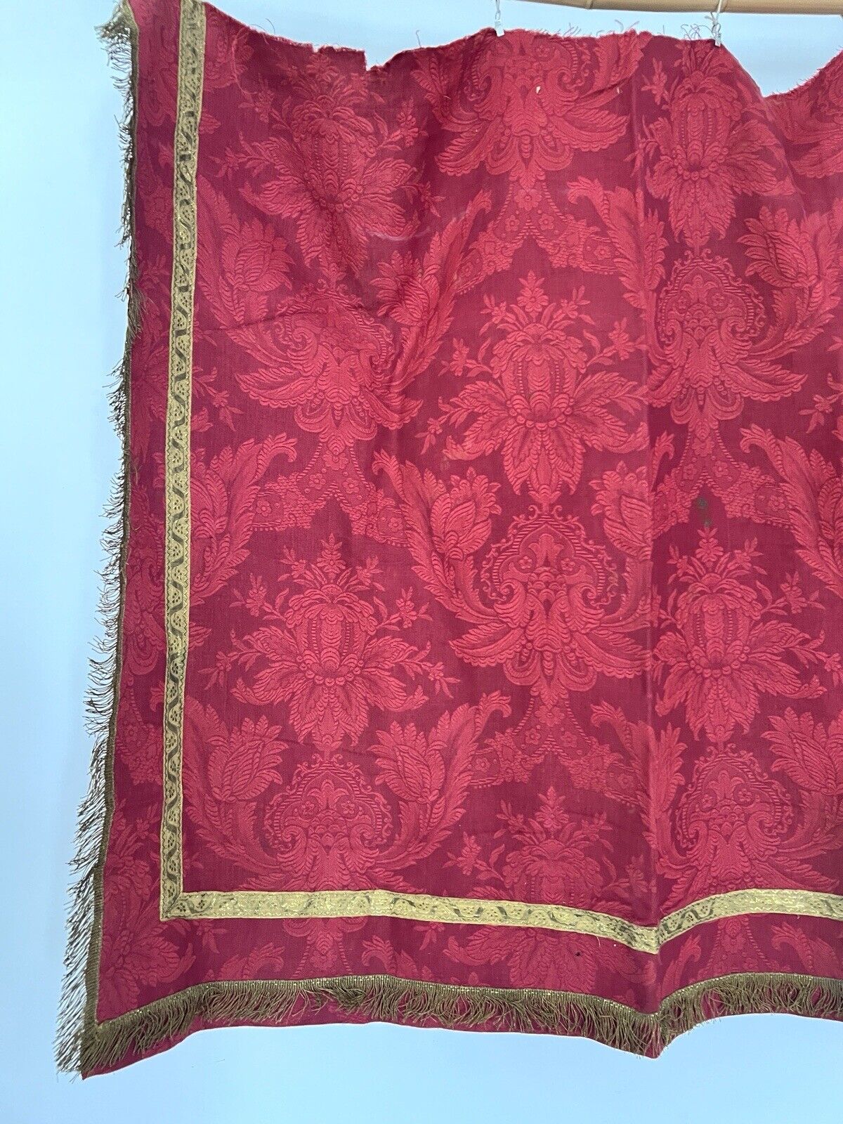 Antique French Empire long PURPLE RED floral DAMASK VALANCE braid FRINGES c1880