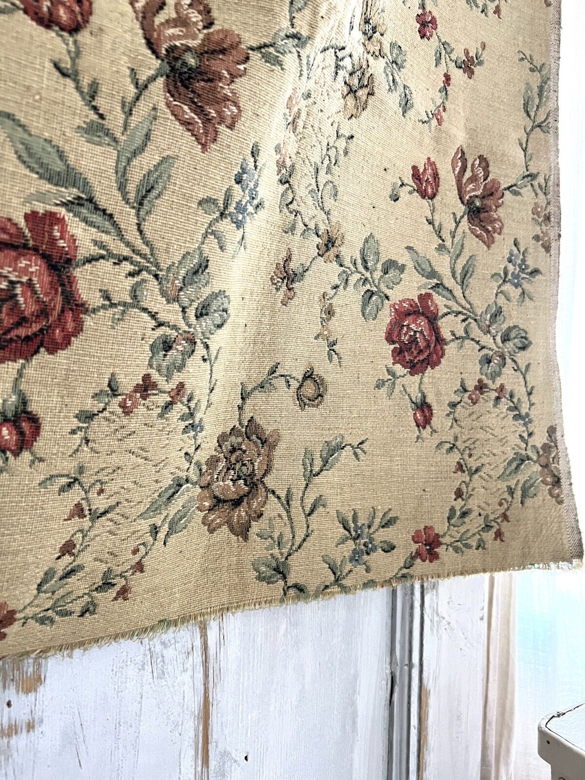 Vintage French HEAVY BOTANIC JACQUARD linen fabric ROSES panel UPHOLSTERY c1940