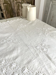 Vintage French EMBROIDERED filet lace LINEN tea TABLECLOTH c1930