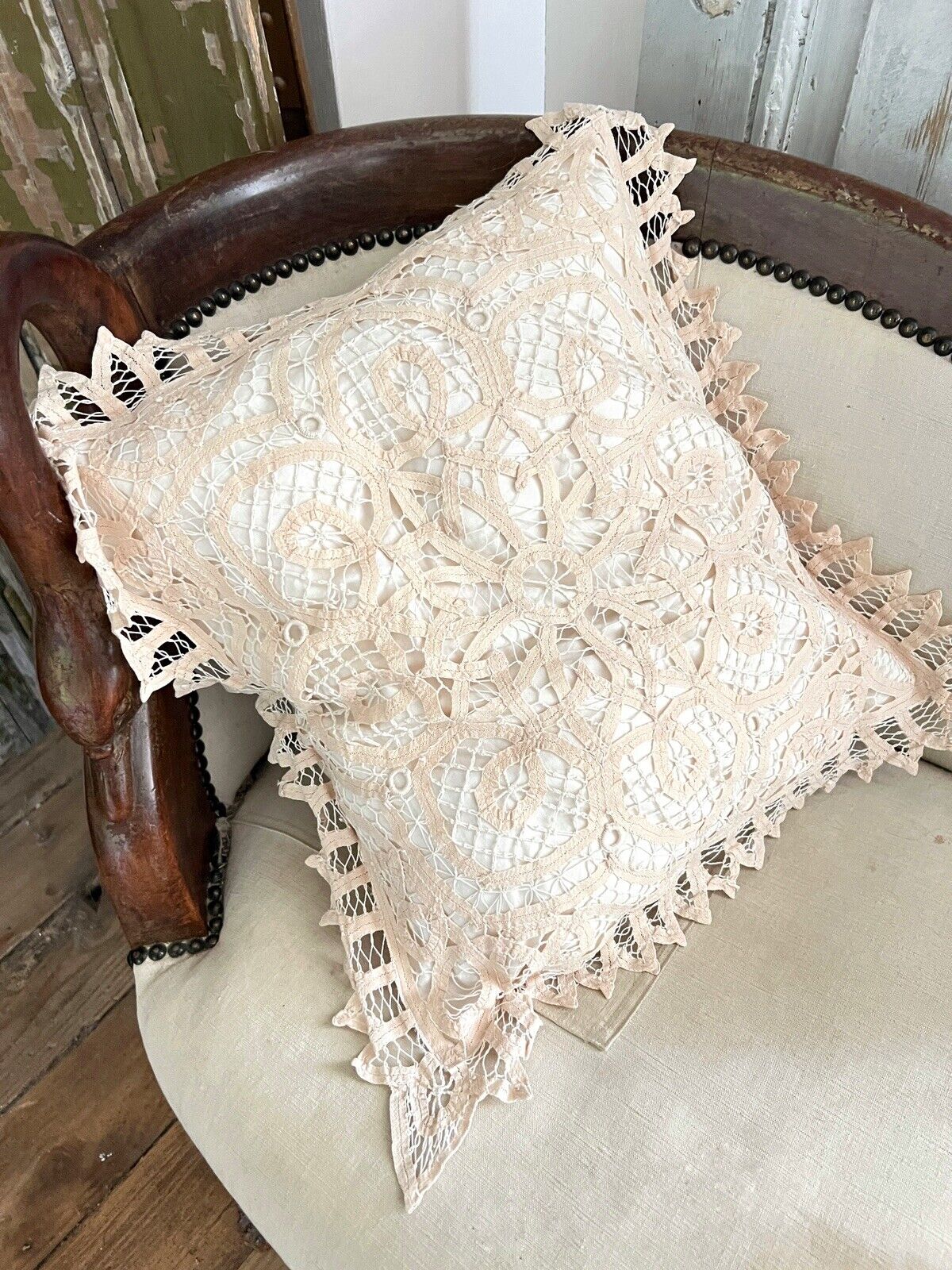 Vintage French Richelieu embroidery PILLOW COVER ivory tone c 1950