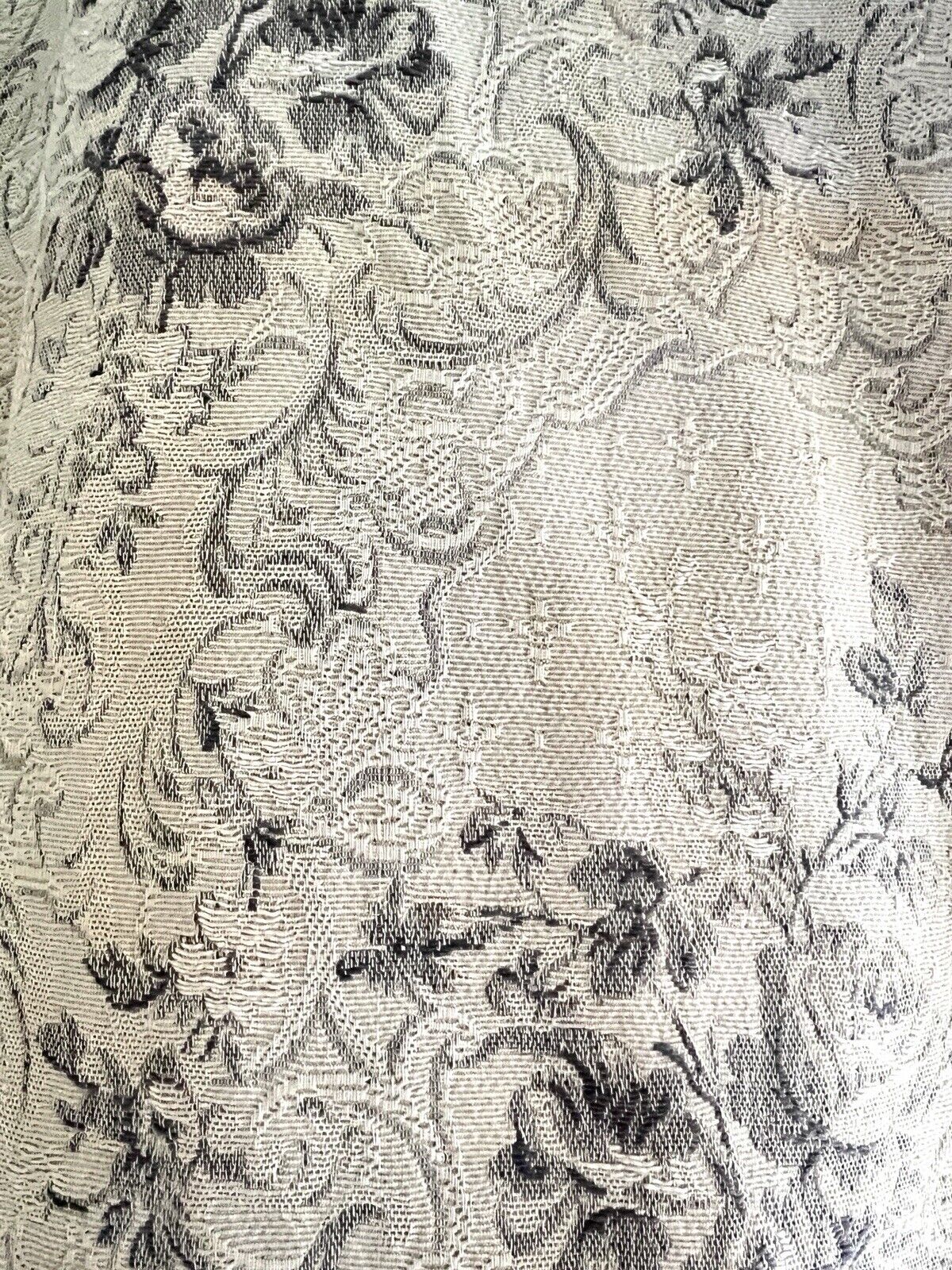 Antique French long DAMASK cotton FLORAL GREY beige CURTAIN drape c1910