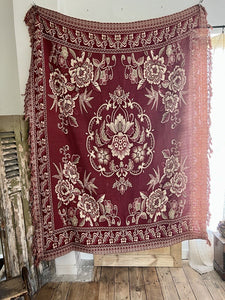 Vintage French FLORAL BURGUNDY BOTEH DAMASK wool BEDSPREAD fringes c1930