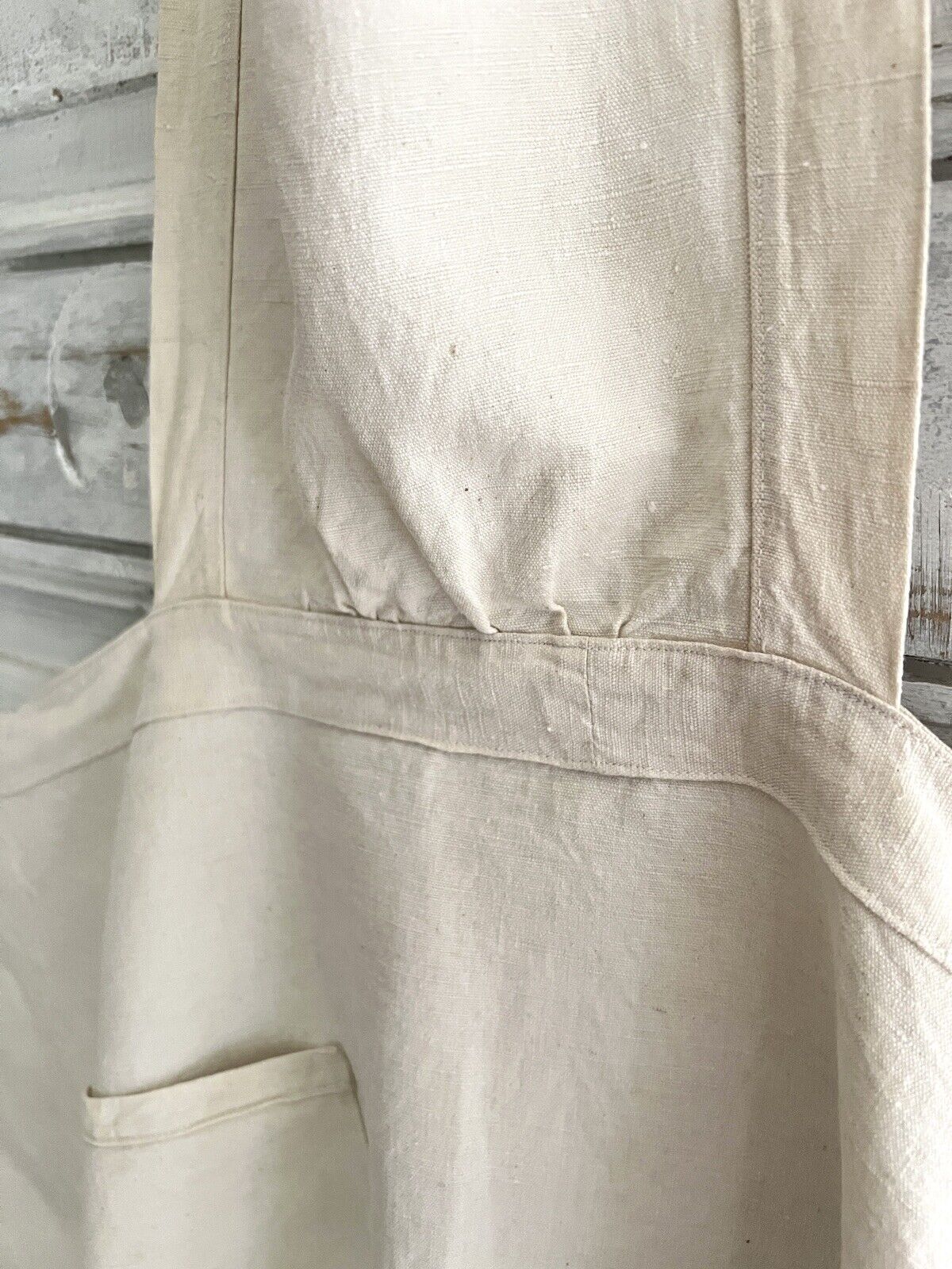 Antique French EMBROIDERED heavy linen cotton NATURAL WORK WEAR APRON c1920