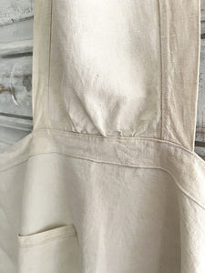 Antique French EMBROIDERED heavy linen cotton NATURAL WORK WEAR APRON c1920