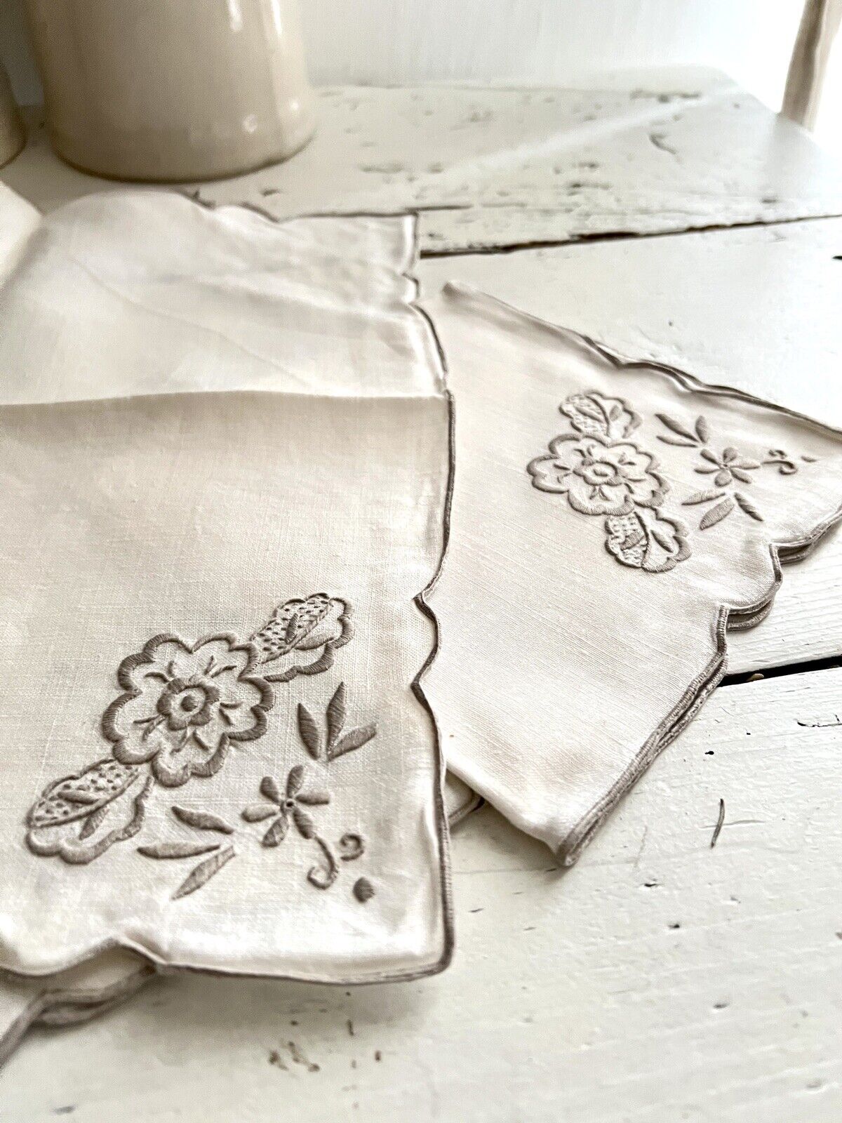 SET 6 vintage French LINEN TEA NAPKINS  gray FLORAL embroideries c1950