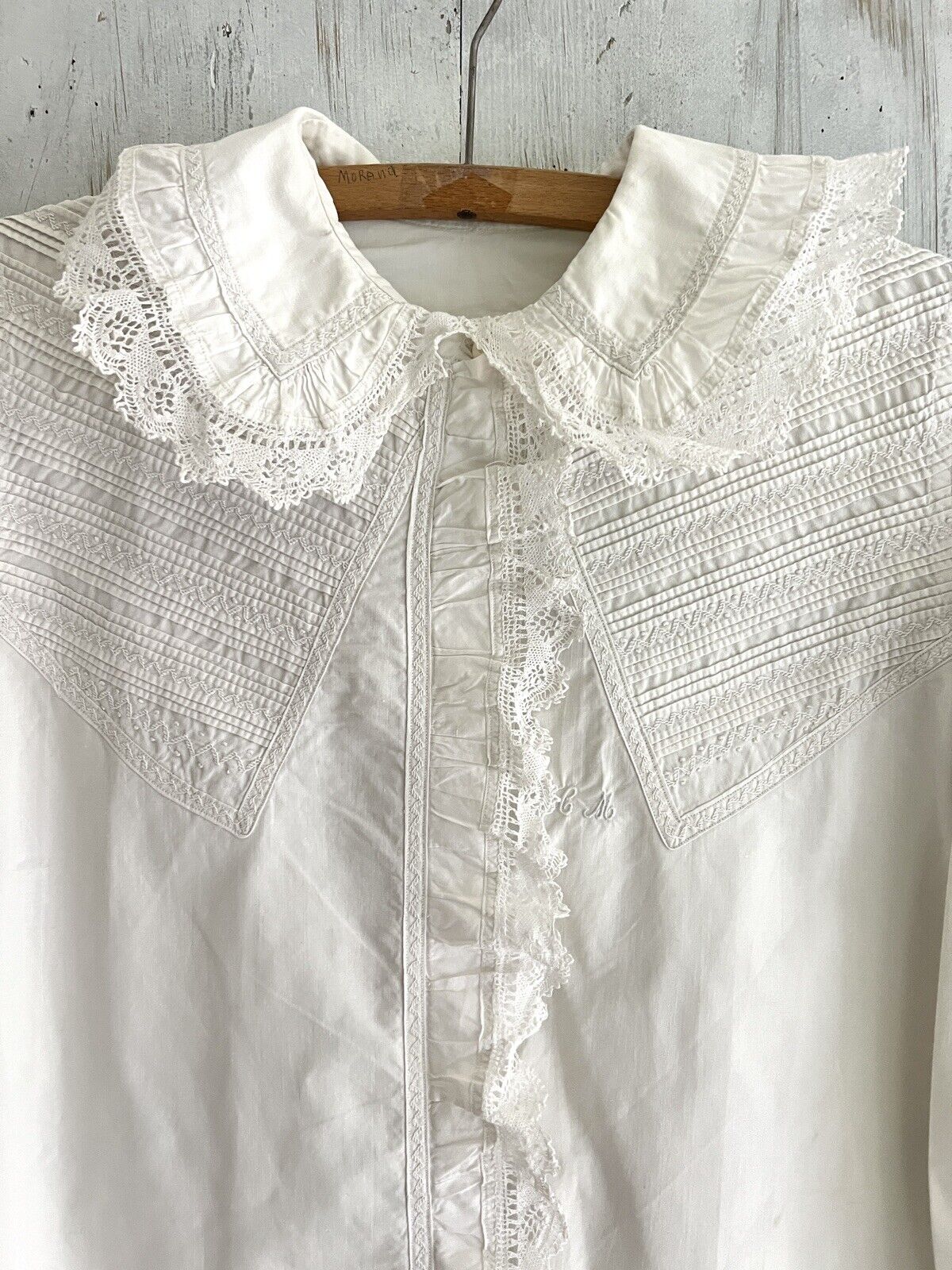 Rare VICTORIAN French woman embroidered BLOUSE pintucks LACE frill CM mono c1900