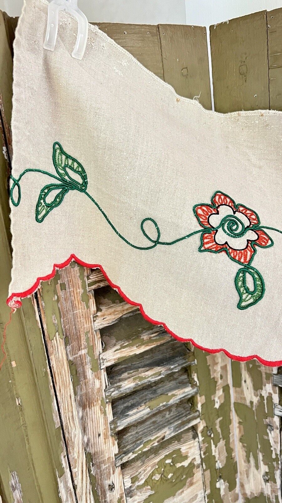 Vintage French country MANTELPIECE COVER embroidered NATURAL LINEN c1930